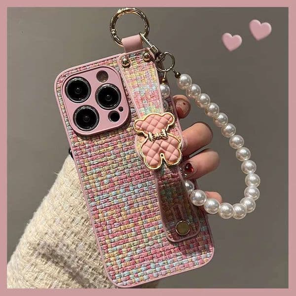 Bear Woven Leather Texture Phone Case Compatible with iPhone 17/16/15, Cover with Wrist Strap Chain, Full Coverage Shockproof Anti-Drop Protective Case