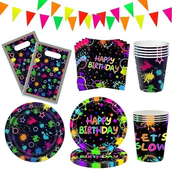 Paper Plate Cups Napkins Tableware Neon Party Decor Tablecloth Gift Bag Glow in the Dark Birthday Supplies W260612