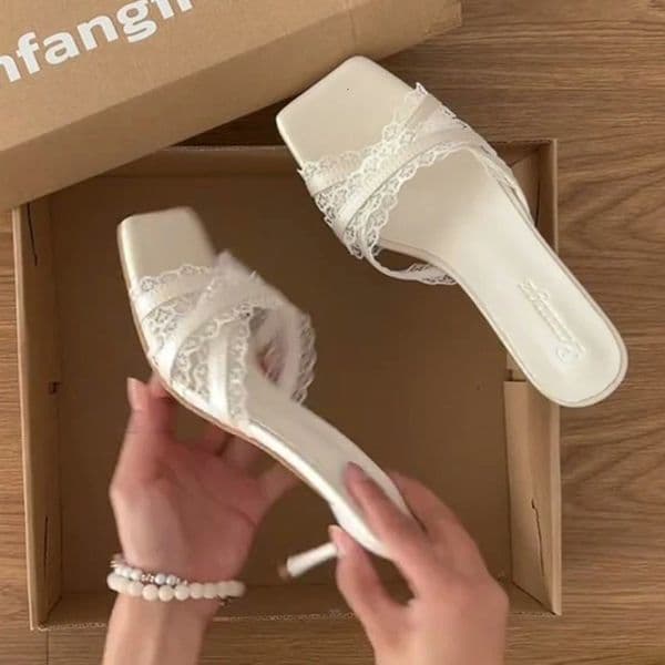 Lace Open Toe Women Slippers Sexy Thin Heels Dress Slide Shoes Banquet Striptease Party Pumps 2026 Summer Shoes 260612