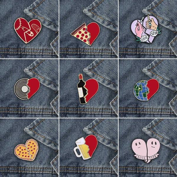 2pcs/set Creative Brocken Heart Wine Bottle Earth Cup Pizza Enamel Pins BEST BUDS/BOOS Brooch Collar Pin Badges Corsage JewelryR260612