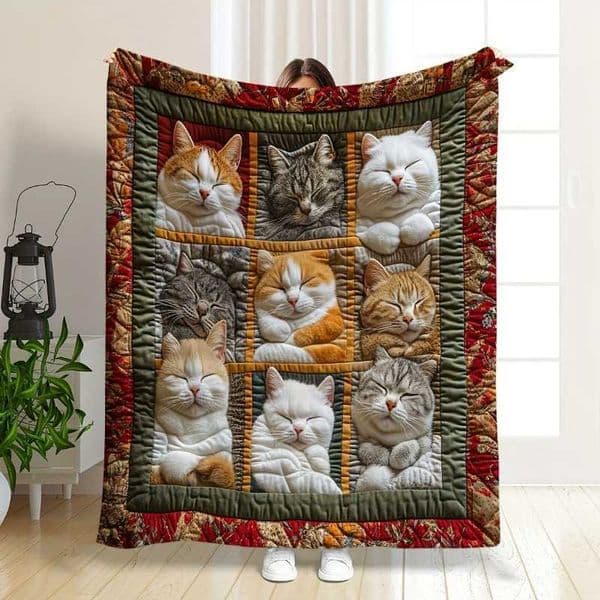 Style Bohemian Cat-Themed Flannel Blanket Multi-Color Polyester Throw for Ideal for Sofa Naps Perfect Gift for Cat Lovers D260612
