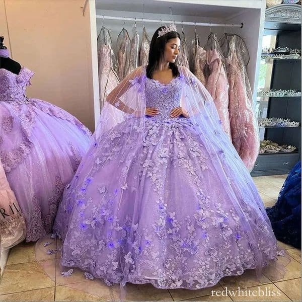 Light Purple Quinceanera Puffy Ball Gown With Cape For Sweet 15 Graduation Prom Elegant Formal Dress