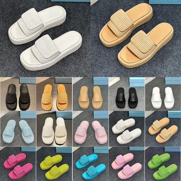 Free shipping Designers sandale Slippers shoe women triangle Sliders sandal Raffias Straw weave platform shoes Slide beach flat Slipper