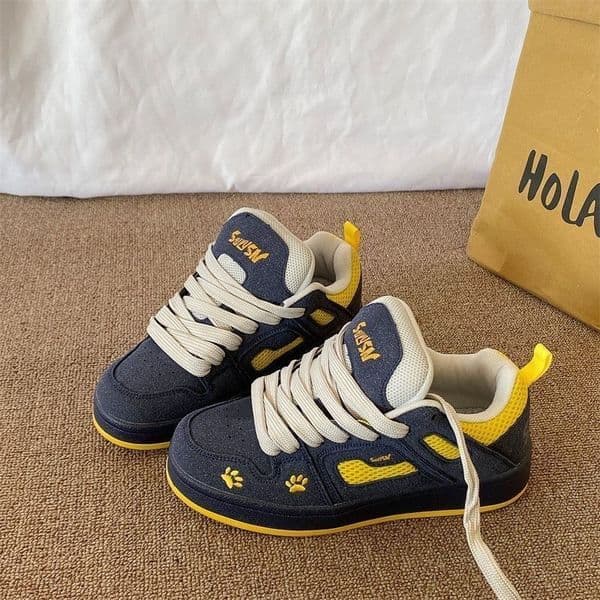 2026 New Women Retro Dark Blue Yellow Color Block Platform Sneakers Thick Sole Casual Skate Shoes Vintage Chunky Bread Shoes Lace-up Streetwear Autumn Winter