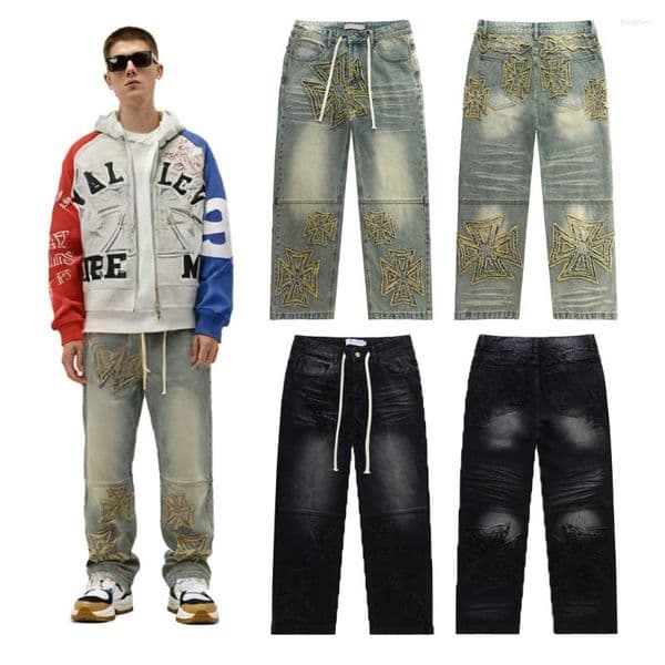 Men's Jeans Street Style Loose With Distressed Embroidery Y2k Hip Hop Clothing Wear Cotton Casual Rock Revivals For