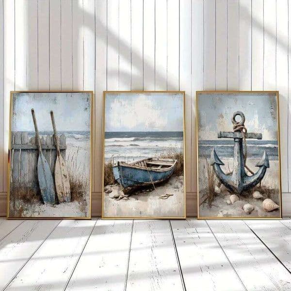 3pcs Set Canvas Wall Art Prints Nautical Beach Decor,Frameless Ocean Themed Paintings for Living Room,Bedroom, Bathroom, Office 26L0612