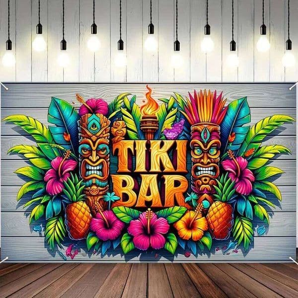 Tropical Tiki Bar Flower Totem Banner - Hawaii Beach Party Background Cloth W260612
