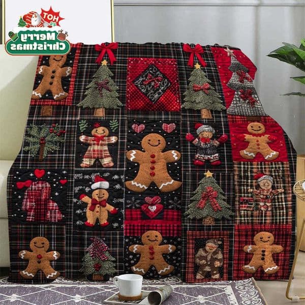 Gingerbread Vintage for Man Checkered Christmas Tree Blanket Flannel Plaid Throw in Red Black - All-Season Couch Bed Travel D260612
