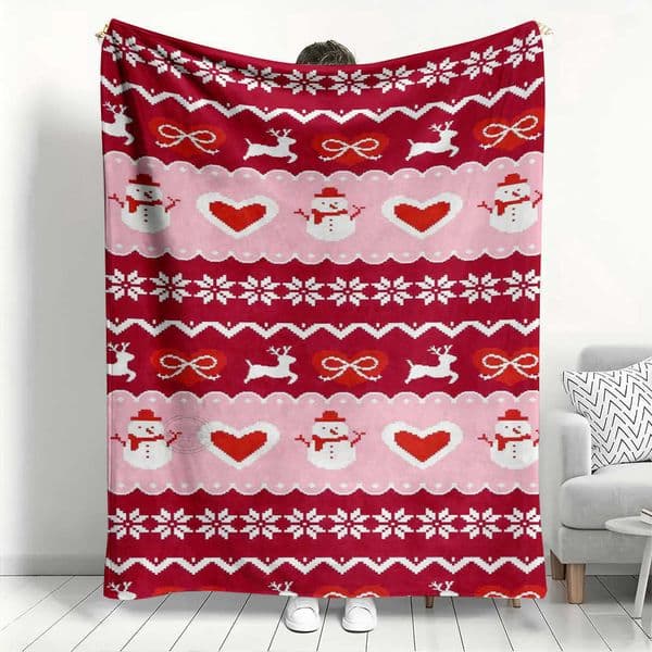 Snowman Christmas Reindeer Pattern Fleece Blanket Red Pink Knit Style Throw Blanket Soft Cozy for Couch Bed Festive Winter D260612