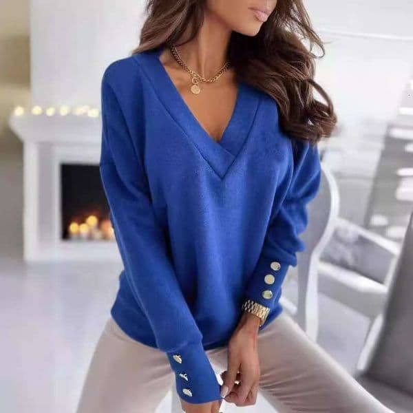 Amazon Hot Item Spring Autumn Foreign Trade Cross-Border European And American Casual Loose Solid Color Button V-Neck Long Sleeve T-Shirt For Women WONST