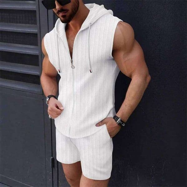 5 colors available for men's hooded sleeveless zipper plaid suit Slim fashion casual sports vest shorts two-piece set trendy top 26Y0612