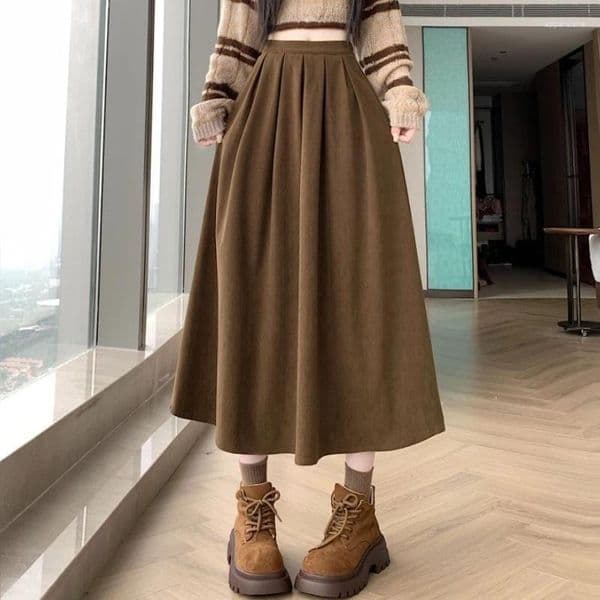 Skirts Qiukichonson Mid Long Womens Corduroy Skirt 2026 Spring Autumn Korean Vintage High Waisted Ruffle Pleated A-Line