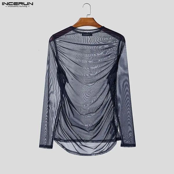 INCERUN Men T Shirt Mesh Transparent Sexy O-neck Long Sleeve Tee Tops Men Streetwear Camisetas Pleated 2026 Party Men Clothing 260612