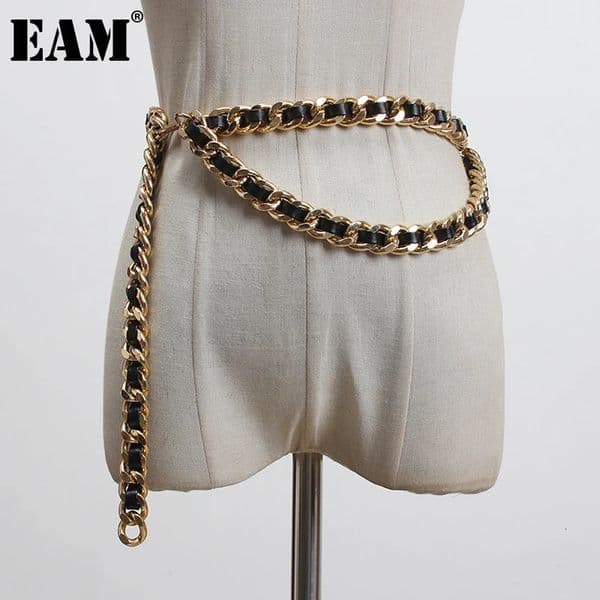EAM Pu Leather Black Metal Chain Split Joint Long Belt Personality Women Fashion All-match Spring 2026 1T186 260612