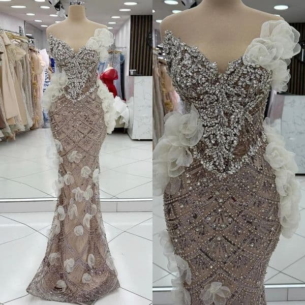 Gorgeous Mermaid Evening Dresses Sweetheart Neck Sleeveless Gown 3D Appliques Rhinestone Beaded Sweep Train Dress Party Customized vestidos de novia