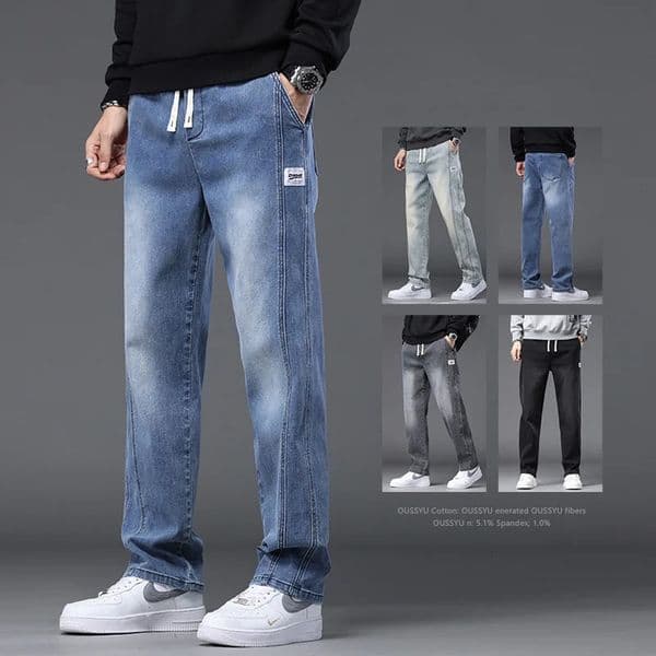 Autumn Winter Blue Jeans Men Drawstring Elastic Waist Cotton Cargo Denim Pants Work Fashion Thick Trousers Male Plus Size M-4XL 260612