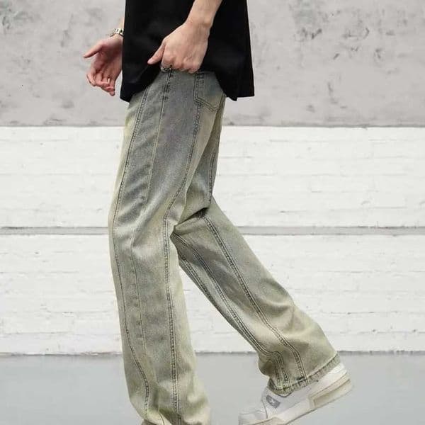 style American yellow mud dyed micro glitter jeans vintage niche pants with visible stitching suitable for casual mens clothing S260612