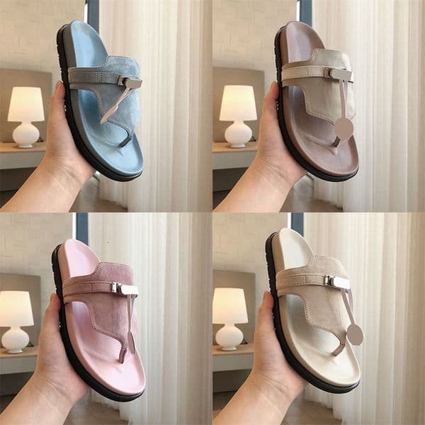 Minimalist Genuine Leather Flat Slides Womens Chic Metal Buckle Flip Flops Comfort Walking Shoes Summer Dressy Beach Slippers 1103