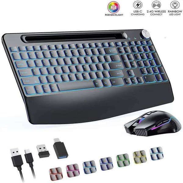 2.4G&Type-C Wireless Keyboard Combo with Wrist Rest,RGB Backlit,Silent Rechargeable Set for PC,Laptop,Window,Jiggler Mouse 26Y0612