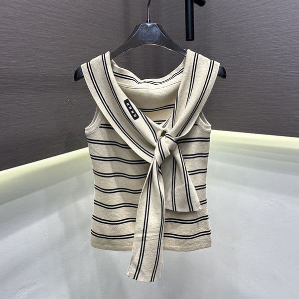 Designer Woman Preppy Tank Top Striped Sleeveless Neck Tie Elegant Top Summer School Daily Outfits