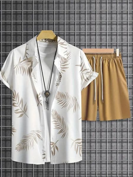 Summer Fashion Hawaiian Mens Suit Leaf Print ShortSleeved Shirt Shorts 2Piece Casual Comfort Plus Size Travel 260612