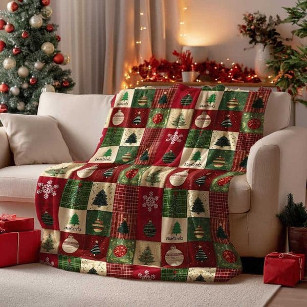 Flannel Christmas Blanket Throw Red Green Checkered Tree Blankets for Couch Sofa Bed Lounging Gifts for Kids Adults Wife Self D260612