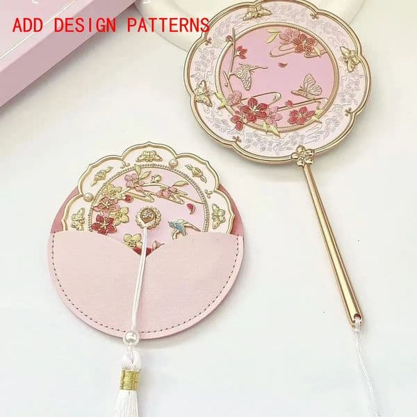 Designer Custom Elegant Chinese Style Alloy Hand Peach Blossom Embossed Portable Compact Retro Vanity Mirror With art Leather Sleeve+Tassel Free Shipping 05