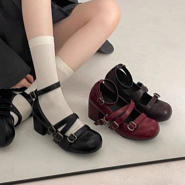 Cross Strap Women Mary Jane Shoes Fashion Thick Heel Shoes Autumn Ladies Outdoor Dress Stripper Leather Shoes 260612