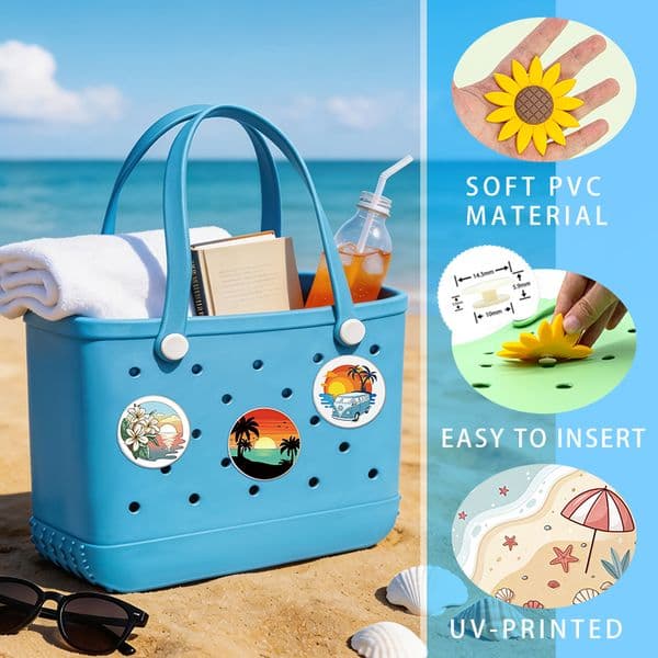 Big Size Soft PVC UV Printed Charms for Clog Bag Waterproof Round Summer Beach Landscape Sunflower Back Button Buckle Pins for Rubber Tote