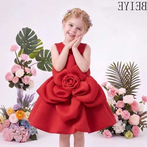 Red Girls Toddler Sleeveless Baby Dress 3D Rose Flower A Line Princess Party Dress Children Elegant Birthday Wedding GownR260613