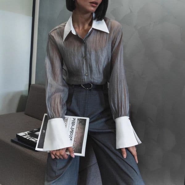 Fashionable Patchwork Lapel Outer Shirt Mesh Women's Top