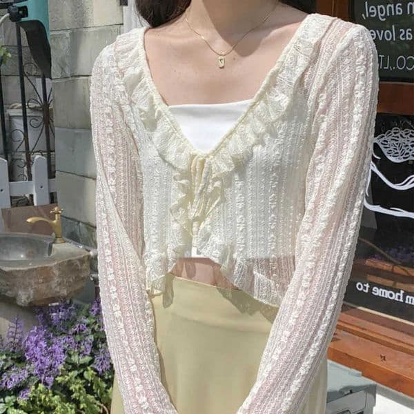 Coat Women Summer Sun Protection Lace Bow Ruffle Cardigan Shirt Female Blouse Tops for Woman Covers Blusa White Y2K Korean Shirt M260613