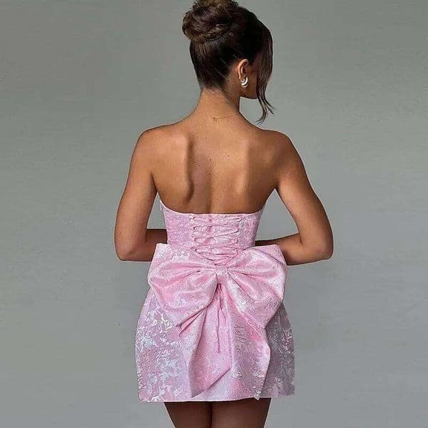 Elegant Jacquard Strapless Bow Evening Party Dress Women Chic Fashion Sexy Sleeveless A Line Mini Dresses Pink White Blue J260613