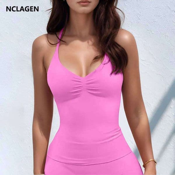 NCLAGEN Gym Longline Strappy Top Women Seamless Yoga Tank With Removable Pads V Neck Workout Clothes Sports Running Fitness Vest W260613