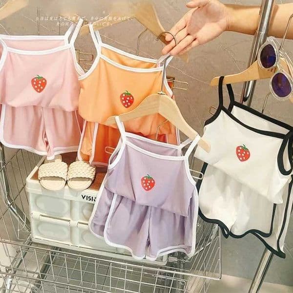 Girl Ice Silk Sling Set Summer Thin Style Baby Vest Shorts 3-8 Years Old Children Strawberry Home Clothing Girl Cute SetT260613