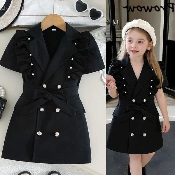Girls Childrens Suit Short Dresses Sleeve Ruffles Beading Pearl Black Dress Kids Clothes Summer Girls Casual Blazer DressR260613