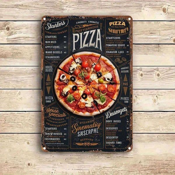 Vintage Metal Aluminum Sign, Retro Pizza Menu Art Wall Decor, Tinplate Plaque, for Garden, Garage with Christmas Decoration 26L0613