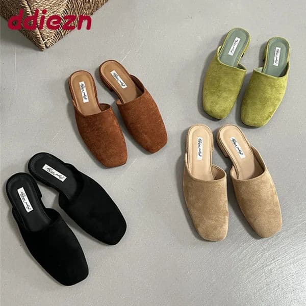 Flats Slippers Shoes For Women Mules Summer Spring Fashion Square Toe Ladies Flats Slippers Female Slides Sandals Shoes 260613