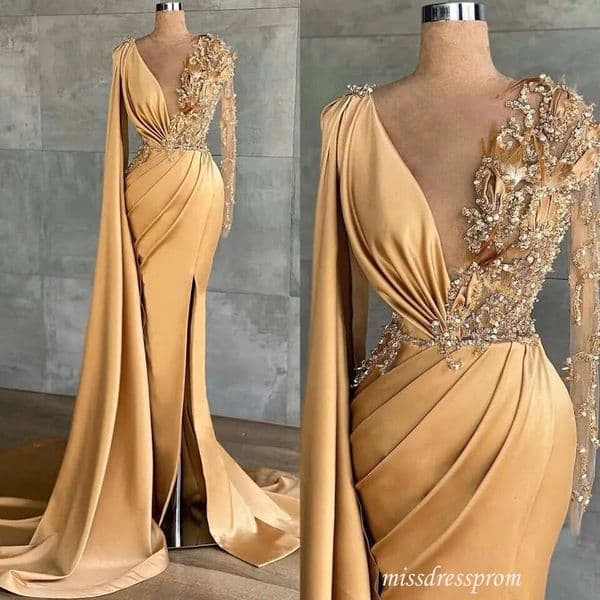Evening Dresses Champagne Prom Gown Party V Neck Mermaid Trumpet Applique Beaded Elastic Satin Zipper Lace Up Plus Size New Custom Long Sleeve Sequins Illusion