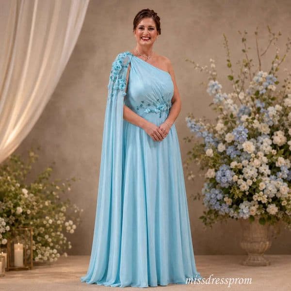 Plus Size Sky Blue Chiffon Mother Of The Bride Dresses One Shoulder Wedding Guest Dress Capelet With 3D Flower Beaded Appliques Floor Length Evening Gown