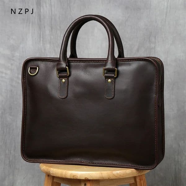 NZPJ Retro Mens Briefcase Leather Laptop Bag Top Layer Cowhide Casual Handbag 14 Inch Business Shoulder Bag Messenger Bag 260613