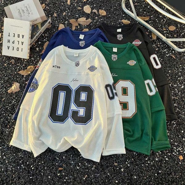 2025 Spring and Autumn New American Style Letter and Number Mesh Long Sleeve Sports Loose T-Shirt for Men L260612