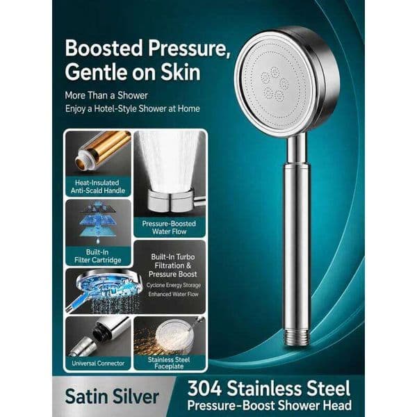 304 Stainless Steel High Pressure Shower Head with Filter Detachable Anti-Clog Handheld Bath Showerhead and Hose Set 26L0615