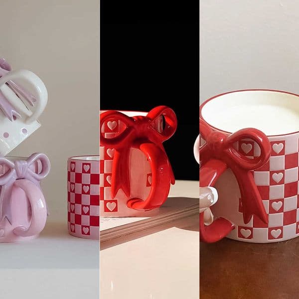Bowknot Mug with Handle and Heart Design Creative Bowknot Handle Design with Checkerboard Pattern Suitable for Home Decoration Daily Household Use Brea L2600615