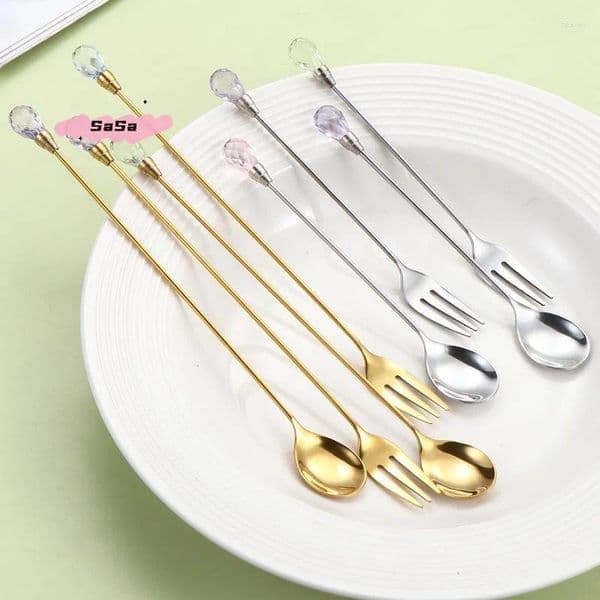 Coffee Scoops 1Pc Crystal Long Handle Spoon Set 430 Stainless Steel Diamon-d Ice For Dessert Cream Cocktail