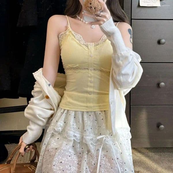Camisoles & Tanks Fashion V-Neck Lace Camisole Strappy Sexy Design Summer Top Slim Fit Inner Layer Daily Wear