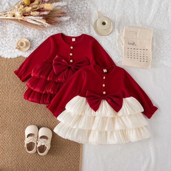 Red Baby Girl Dress Spring/Fall Long-Sleeve Bow Girls Dress Adorable Christmas Baby Dress Baby Girl Clothing C260615
