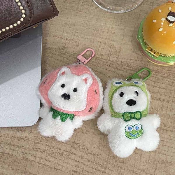 West Highland Dog Plush Keychain with Frog Strawberry Hat Cute Doll Bag Charm for Bestie Gift
