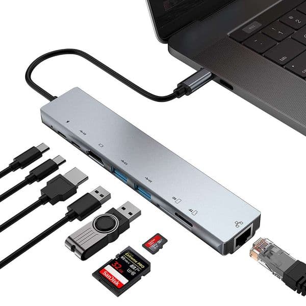 JIKEJIANG 8-in-1 USB-C Docking Station, HDMI + 100M Ethernet Port, Compatible With Laptop, PC & Switch Game Console