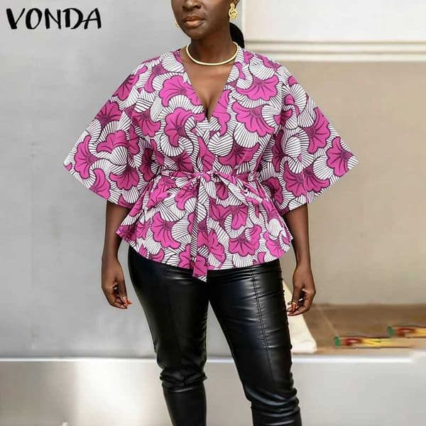 Plus Size 5XL VONDA Women Blouse Sexy V-Neck Floral Print Shirts 2026 Summer 3/4 Slve Casual Belted Office Lady Elegant Tops L260507